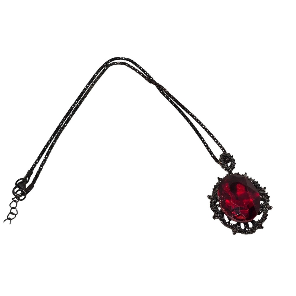 Vintage Red Rhinestone Pendant Necklace Black Tone Chain Statement Gothic Y2K 90 - Picture 6 of 9